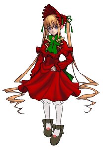 Rating: Safe Score: 0 Tags: 1girl blonde_hair blue_eyes bonnet bow bowtie dress drill_hair flower full_body green_bow image long_hair long_sleeves looking_at_viewer pantyhose red_dress shinku shoes simple_background solo standing twintails very_long_hair white_background white_legwear User: admin