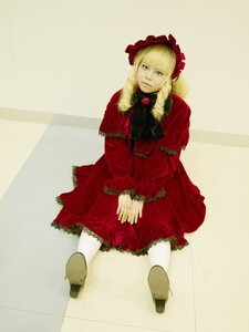 Rating: Safe Score: 0 Tags: 1girl blonde_hair bonnet dress frills full_body long_sleeves looking_at_viewer red_dress shinku shoes sitting solo User: admin