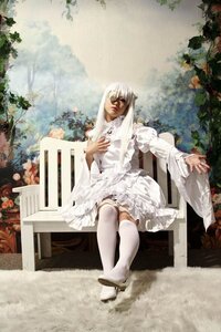 Rating: Safe Score: 0 Tags: 1girl blue_eyes chair crossed_legs dress flower kirakishou lips realistic sitting solo thighhighs white_dress white_hair white_legwear User: admin