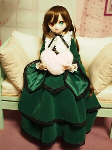 Rating: Safe Score: 0 Tags: 1girl bangs brown_hair couch doll dress frills green_dress green_eyes heterochromia long_hair long_sleeves looking_at_viewer open_mouth pillow red_eyes sitting smile solo suiseiseki very_long_hair User: admin