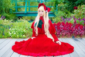 Rating: Safe Score: 0 Tags: 1girl bangs blonde_hair blue_eyes bonnet dress flower hat long_hair long_sleeves looking_at_viewer red_dress shinku smile solo traditional_media very_long_hair User: admin