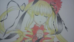 Rating: Safe Score: 0 Tags: 1girl bangs blonde_hair closed_eyes dress hair_ribbon image long_hair long_sleeves parted_lips ribbon shinku sidelocks simple_background solo traditional_media twintails upper_body User: admin