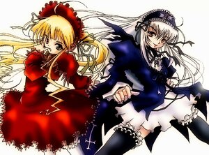 Rating: Safe Score: 0 Tags: 2girls blonde_hair bloomers dress frills image long_hair long_sleeves looking_at_viewer multiple_girls pair red_dress shinku simple_background standing suigintou thighhighs underwear wings User: admin