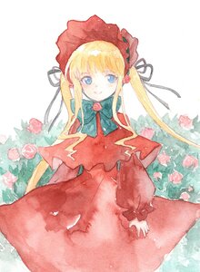 Rating: Safe Score: 0 Tags: 1girl blonde_hair blue_eyes bonnet bow bowtie dress flower green_bow image long_hair long_sleeves looking_at_viewer pink_flower pink_rose red_dress rose shinku sidelocks solo traditional_media twintails watercolor_(medium) User: admin