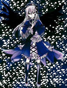 Rating: Safe Score: 0 Tags: 1girl argyle argyle_background black_wings boots checkered checkered_background checkered_floor dress frills full_body hairband image long_hair long_sleeves red_eyes ribbon silver_hair solo suigintou thighhighs wings User: admin