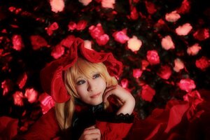 Rating: Safe Score: 0 Tags: 1girl blonde_hair blue_eyes dress flower lips looking_at_viewer petals red_flower rose shinku solo User: admin