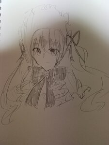 Rating: Safe Score: 0 Tags: 1girl bangs closed_mouth eyebrows_visible_through_hair hair_ribbon image long_hair long_sleeves looking_at_viewer monochrome photo ribbon shinku sketch smile solo traditional_media twintails upper_body User: admin