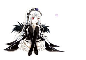 Rating: Safe Score: 0 Tags: 1girl black_wings boots dress flower frills full_body hairband image long_hair long_sleeves looking_at_viewer red_eyes rose silver_hair sitting solo suigintou thighhighs white_background wings User: admin