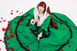 Rating: Safe Score: 0 Tags: 1girl brown_hair dress flower green_dress long_hair long_sleeves sitting solo suiseiseki User: admin