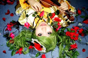 Rating: Safe Score: 0 Tags: 1girl aqua_eyes camellia flower green_hair hatsune_miku instrument kanaria lips long_hair lying petals red_flower red_rose rose solo violin User: admin