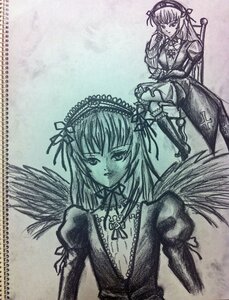 Rating: Safe Score: 0 Tags: 1girl black_wings detached_collar dress flower frills greyscale hairband image long_hair long_sleeves looking_at_viewer monochrome ribbon solo suigintou traditional_media wings User: admin