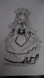 Rating: Safe Score: 0 Tags: 1girl apron blush braid dress eyebrows_visible_through_hair full_body greyscale long_hair long_sleeves looking_at_viewer monochrome ribbon skirt_hold solo traditional_media very_long_hair User: admin