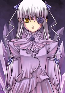 Rating: Safe Score: 0 Tags: 1girl barasuishou dress eyepatch flower frills image long_hair long_sleeves looking_at_viewer ribbon rose silver_hair solo upper_body yellow_eyes User: admin