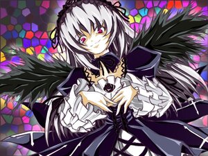 Rating: Safe Score: 0 Tags: 1girl black_dress black_ribbon black_wings detached_collar dress flower frilled_sleeves frills hairband image lolita_hairband long_hair long_sleeves looking_at_viewer pink_eyes ribbon silver_hair smile solo stained_glass suigintou wings User: admin