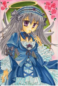 Rating: Safe Score: 0 Tags: 1girl auto_tagged bow dress flower frills hairband halo image lolita_fashion long_hair marker_(medium) mouth_hold pink_rose purple_eyes red_flower red_rose rose shikishi silver_hair solo suigintou traditional_media wings User: admin