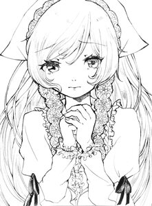 Rating: Safe Score: 0 Tags: 1girl bangs blush closed_mouth dress eyebrows_visible_through_hair flower frills greyscale hands_up holding image lineart long_hair long_sleeves looking_at_viewer monochrome puffy_sleeves simple_background solo suiseiseki upper_body very_long_hair white_background User: admin