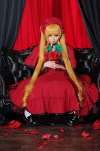 Rating: Safe Score: 0 Tags: 1girl blonde_hair blue_eyes checkered checkered_floor curtains dress flower long_hair looking_at_viewer petals red_dress red_flower red_rose rose rose_petals shinku shoes sitting solo twintails very_long_hair User: admin