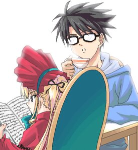 Rating: Safe Score: 0 Tags: 1boy 1girl :o black_hair blonde_hair bonnet book brown_hair cup dress expressionless glasses hair_ribbon hood hooded_sweater image long_hair long_sleeves newspaper open_book parted_lips reading red_dress ribbon rockeight rozen_maiden sakurada_jun shinku sidelocks sitting solo spiked_hair sweater table tea teacup teeth twintails User: admin