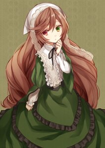 Rating: Safe Score: 0 Tags: 1girl brown_hair commentary_request dress frills green_dress green_eyes head_scarf heterochromia image lolita_fashion long_hair long_sleeves looking_at_viewer red_eyes rozen_maiden simple_background solo suiseiseki very_long_hair yuzuki_karu User: admin