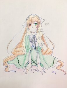 Rating: Safe Score: 0 Tags: 1girl blonde_hair dress green_dress green_eyes heterochromia image long_hair long_sleeves red_eyes signature simple_background solo suiseiseki traditional_media very_long_hair watercolor_(medium) User: admin