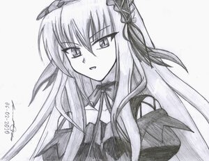 Rating: Safe Score: 0 Tags: 1girl dated dress eyebrows_visible_through_hair hairband image long_hair monochrome neck_ribbon ribbon signature simple_background solo suigintou traditional_media upper_body white_background User: admin