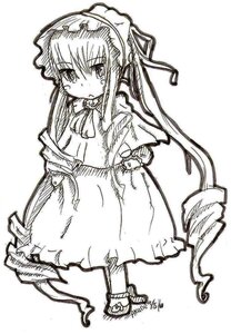 Rating: Safe Score: 0 Tags: 1girl blush dress full_body greyscale image long_hair long_sleeves looking_at_viewer monochrome shinku sidelocks simple_background solo standing very_long_hair white_background User: admin