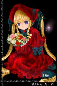 Rating: Safe Score: 0 Tags: 1girl blonde_hair blue_eyes bonnet bouquet bow dress flower green_bow image long_hair long_sleeves looking_at_viewer pink_rose red_dress red_flower red_rose rose shinku sitting solo twintails very_long_hair User: admin