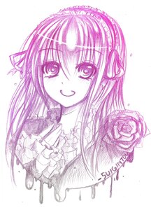 Rating: Safe Score: 0 Tags: 1girl :d auto_tagged blush flower frills hairband image long_hair looking_at_viewer monochrome open_mouth ribbon rose smile solo striped suigintou traditional_media User: admin