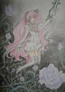 Rating: Safe Score: 0 Tags: 1girl boots dress flower image kirakishou long_hair pink_hair plant rose sitting solo thigh_boots thighhighs thorns traditional_media very_long_hair vines watercolor_(medium) white_rose User: admin