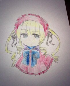 Rating: Safe Score: 0 Tags: 1girl blonde_hair bow bowtie dress drill_hair frills full_body image long_hair long_sleeves looking_at_viewer photo ringlets shinku simple_background solo traditional_media twin_drills User: admin