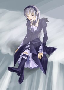 Rating: Safe Score: 0 Tags: 1girl boots dress frilled_sleeves frills full_body hairband image lolita_fashion long_hair long_sleeves open_mouth puffy_sleeves purple_eyes sitting solo striped suigintou User: admin