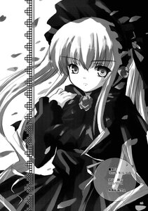Rating: Safe Score: 0 Tags: 1girl bonnet bow bowtie dress flower greyscale image long_hair long_sleeves looking_at_viewer monochrome petals shinku simple_background solo text_focus twintails very_long_hair white_background User: admin