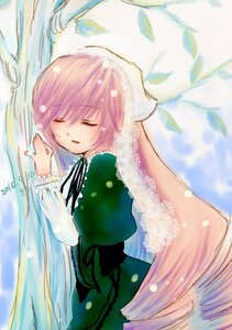 Rating: Safe Score: 0 Tags: 1girl black_ribbon closed_eyes dress green_dress image long_hair long_sleeves pink_hair ribbon solo suiseiseki very_long_hair User: admin