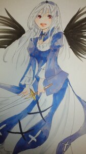 Rating: Safe Score: 0 Tags: 1girl angel_wings auto_tagged black_wings blue_dress dress feathered_wings frills hairband image juliet_sleeves long_hair long_sleeves looking_at_viewer puffy_sleeves red_eyes simple_background smile solo suigintou traditional_media weapon wings User: admin