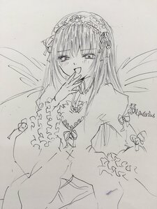 Rating: Safe Score: 0 Tags: 1girl bangs blush dress eyebrows_visible_through_hair frills greyscale hairband image juliet_sleeves long_hair long_sleeves looking_at_viewer monochrome open_mouth sketch smile solo suigintou traditional_media wide_sleeves wings User: admin