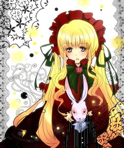 Rating: Safe Score: 0 Tags: 1girl blonde_hair blue_eyes blush bonnet bow bowtie dress flower green_bow image long_hair long_sleeves looking_at_viewer rose shinku sidelocks solo twintails very_long_hair User: admin