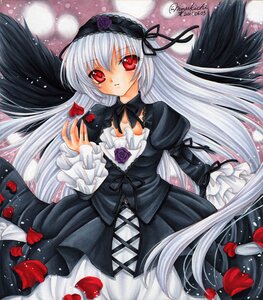 Rating: Safe Score: 0 Tags: 1girl artist_name black_dress black_wings colored_pencil_(medium) dress flower frills gothic_lolita hairband image lolita_fashion lolita_hairband long_hair long_sleeves looking_at_viewer marker_(medium) pastel_(medium) petals red_eyes ribbon rose rose_petals sample signature silver_hair solo suigintou traditional_media very_long_hair wings User: admin