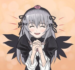 Rating: Safe Score: 3 Tags: 1girl :d auto_tagged black_dress black_wings blush closed_eyes dress flower hairband hands_clasped image long_hair long_sleeves open_mouth own_hands_together rose silver_hair simple_background smile solo suigintou upper_body wings User: admin