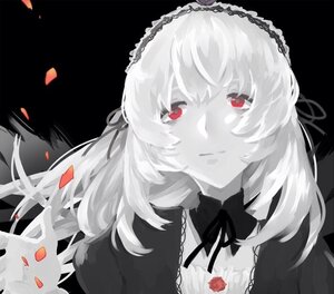 Rating: Safe Score: 0 Tags: 1girl bangs black_background black_ribbon blush closed_mouth dress flower gothic_lolita hairband image lolita_fashion long_hair looking_at_viewer neck_ribbon petals red_eyes ribbon rose smile solo suigintou User: admin