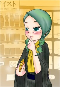 Rating: Safe Score: 0 Tags: 1girl blush eating green_hair holding image kanaria kimono long_sleeves solo User: admin