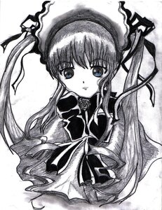 Rating: Safe Score: 0 Tags: 1girl auto_tagged bonnet dress flower frills greyscale hat image long_hair looking_at_viewer monochrome ribbon rose shinku simple_background solo traditional_media User: admin