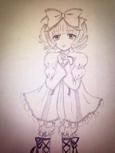 Rating: Safe Score: 0 Tags: 1girl artist_name bow dress hair_bow hina_ichigo hinaichigo image long_sleeves looking_at_viewer monochrome puffy_sleeves ribbon short_hair solo tears traditional_media User: admin