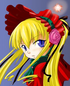 Rating: Safe Score: 0 Tags: 1girl blonde_hair blue_background blue_eyes bow flower image long_hair long_sleeves looking_at_viewer pink_rose rose shinku simple_background solo upper_body User: admin