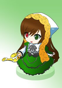 Rating: Safe Score: 0 Tags: 1girl :d brown_hair chibi dress frills full_body green_background green_dress green_eyes heterochromia holding image long_hair long_sleeves looking_at_viewer open_mouth red_eyes simple_background solo suiseiseki very_long_hair watering_can User: admin