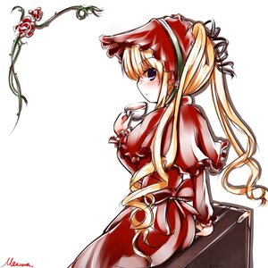 Rating: Safe Score: 0 Tags: 1girl blonde_hair blue_eyes blush bonnet capelet cup dress flower frills holding_cup image long_hair long_sleeves looking_at_viewer looking_back plant shinku simple_background sitting solo tea teacup twintails vines white_background User: admin