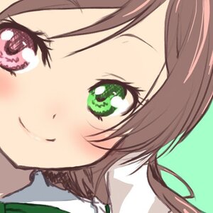 Rating: Safe Score: 0 Tags: 1girl bangs blush brown_hair closed_mouth eyebrows_visible_through_hair face green_eyes heart image looking_at_viewer parted_bangs simple_background smile solo suiseiseki User: admin