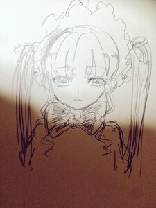 Rating: Safe Score: 0 Tags: 1girl bangs closed_mouth eyebrows_visible_through_hair image long_hair looking_at_viewer maid_headdress monochrome ribbon shinku sketch solo twintails upper_body User: admin