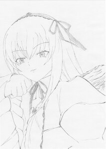 Rating: Safe Score: 0 Tags: 1girl closed_mouth frills greyscale hairband image long_hair long_sleeves looking_at_viewer monochrome ribbon simple_background smile solo suigintou upper_body white_background User: admin