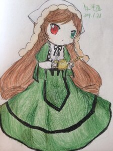 Rating: Safe Score: 0 Tags: 1girl brown_hair dress green_dress green_eyes heterochromia holding image long_hair long_sleeves looking_at_viewer red_eyes solo suiseiseki traditional_media very_long_hair User: admin