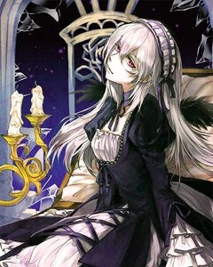 Rating: Safe Score: 0 Tags: 1girl dress frills hairband image long_hair long_sleeves looking_at_viewer pink_eyes red_eyes ribbon silver_hair solo suigintou traditional_media wings User: admin